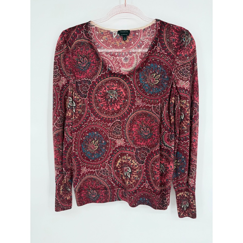 Talbots Womens Red Paisley Wool Long Sleeve‎ Scoop Neck Light Sweater Top Sz S